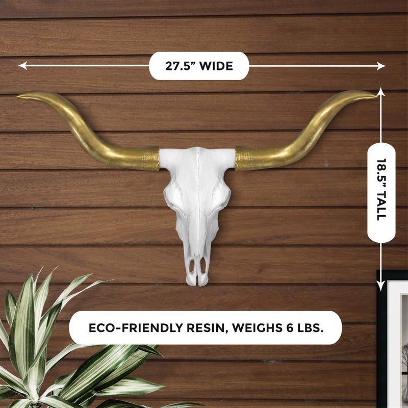 Wallcharmers Gold and White Longhorn Skull Wall Decor, Faux Taxidermy Bull Horns for Wall, Goes Well for Farmhouse Decor, Size, White + Gold Horns - Image 3